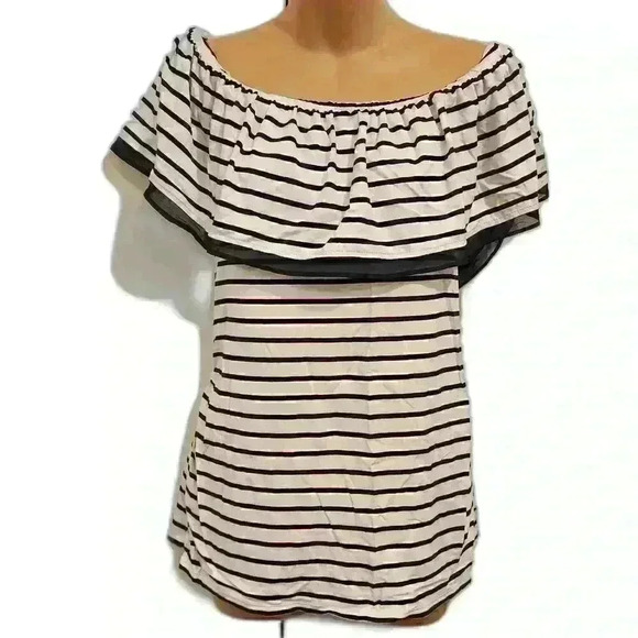 White House Black Market Striped Ruffle Top Blouse XL $68 - Picture 1 of 9